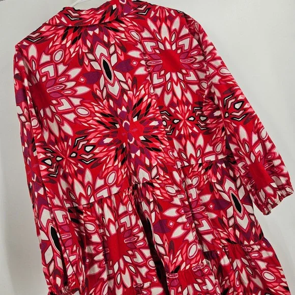 Maeve Anthropologie Bettina Mini Shirt Dress Red Floral Tiered Button Down Sz L - Picture 6 of 9